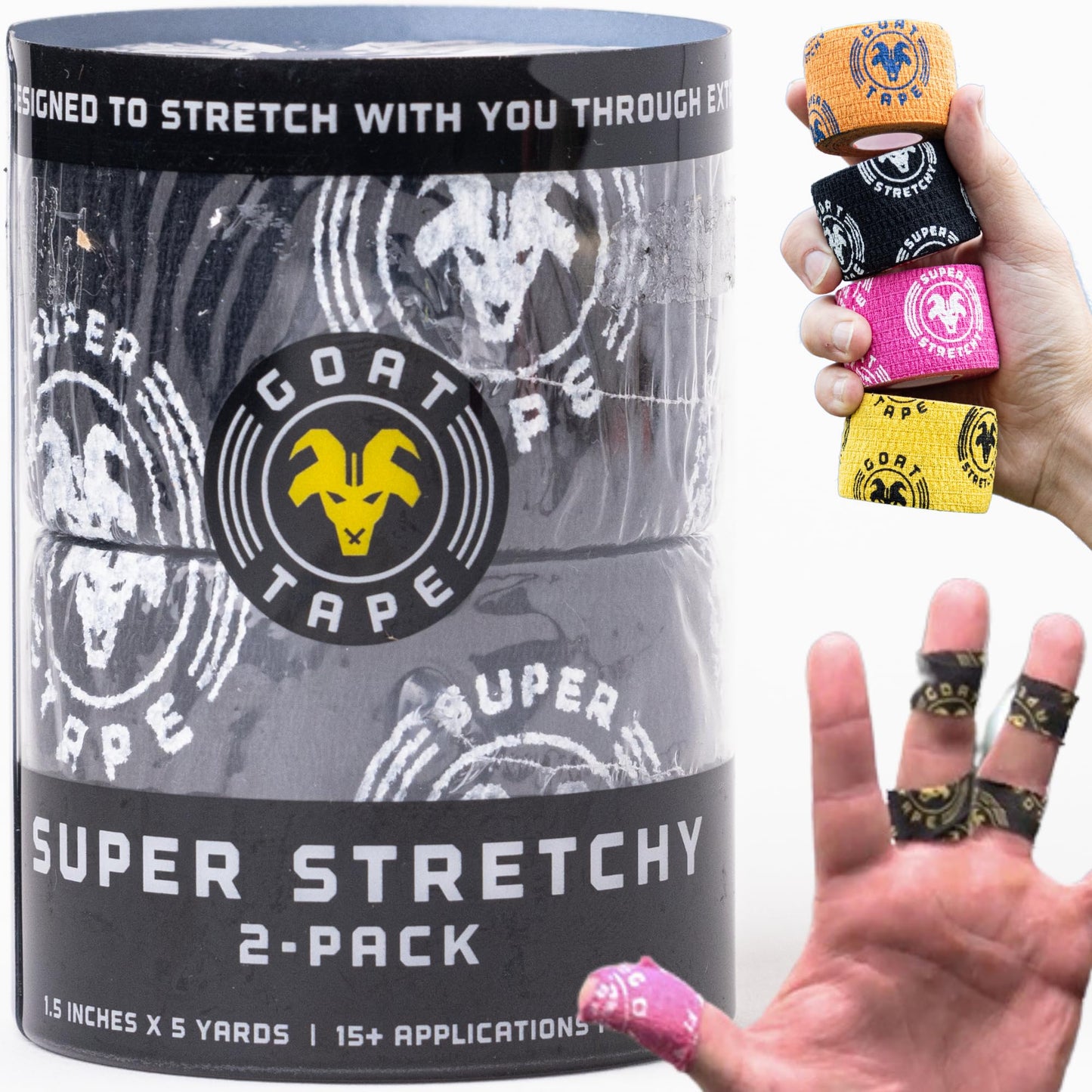 Goat Tape Super Stretchy Thumb Tape - Weightlifting Hook Grip Tape & WOD Tape for Cross Training Gym Workout Tape Athletic Finger Wrap - Flexes with Every Move - 15 Feet per Roll (Black 2-Pack)