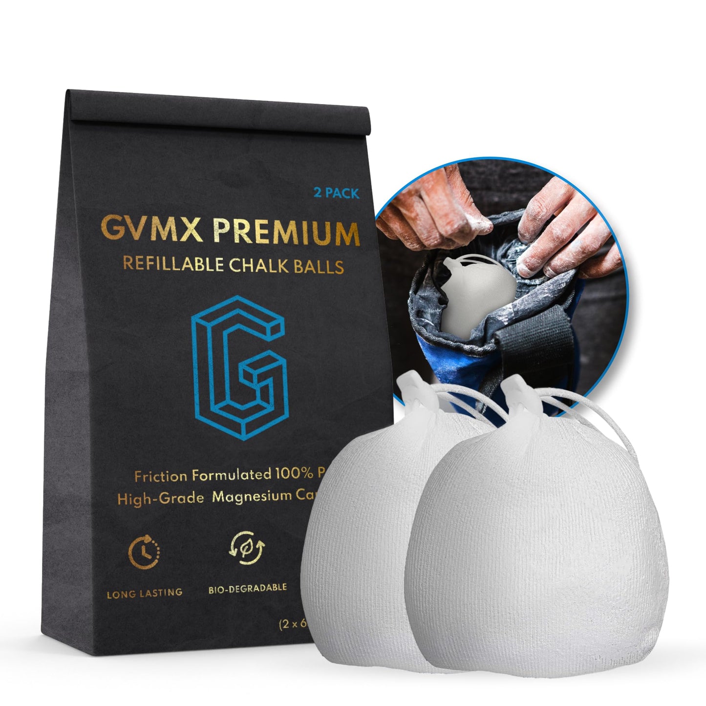 130g (2 x 65g) Premium Chalk Balls. Pro-Grade Gym Chalk in Refillable Sock. Eco Friendly Packaging. Grip Enhancing Gym Accessory for Weightlifting Rock Climbing Gymnastics & More. Package May Vary.