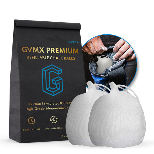 130g (2 x 65g) Premium Chalk Balls. Pro-Grade Gym Chalk in Refillable Sock. Eco Friendly Packaging. Grip Enhancing Gym Accessory for Weightlifting Rock Climbing Gymnastics & More. Package May Vary.